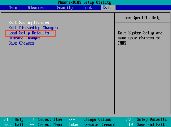 BIOS設定をデフォルトに戻す画面例
