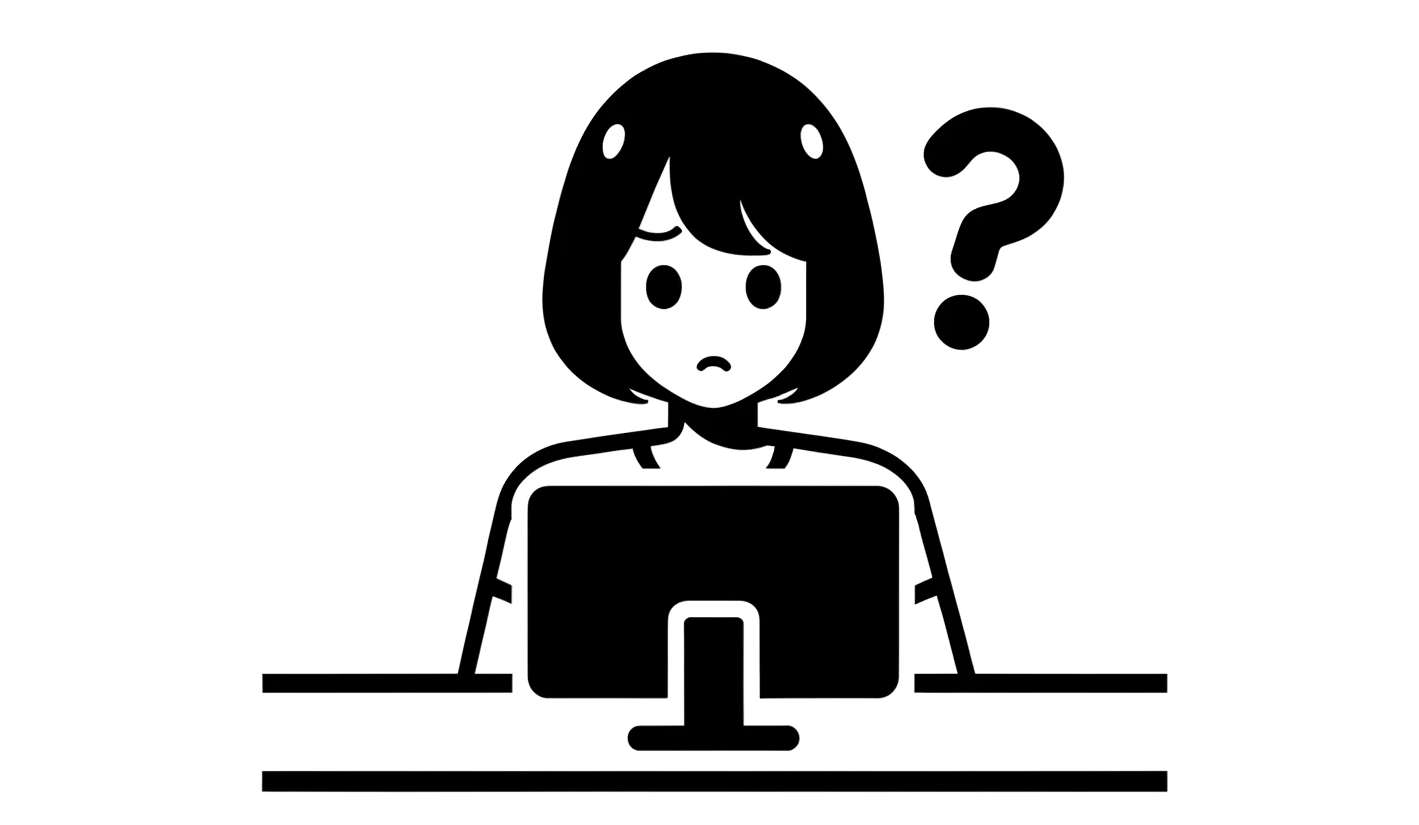 An illustration of a woman with black bobbed hair, sitting in front of a computer, showcasing a puzzled expression as she looks at the screen. The design is meant to be simple and clear, ideal for public signage, focusing on conveying the woman's confused state in an accessible manner. The illustration is horizontal, tailored for visibility in public settings where immediate understanding is crucial. The background is kept minimalistic, ensuring the woman and her expression are the main focus, making it suitable for a broad audience and various public environments.