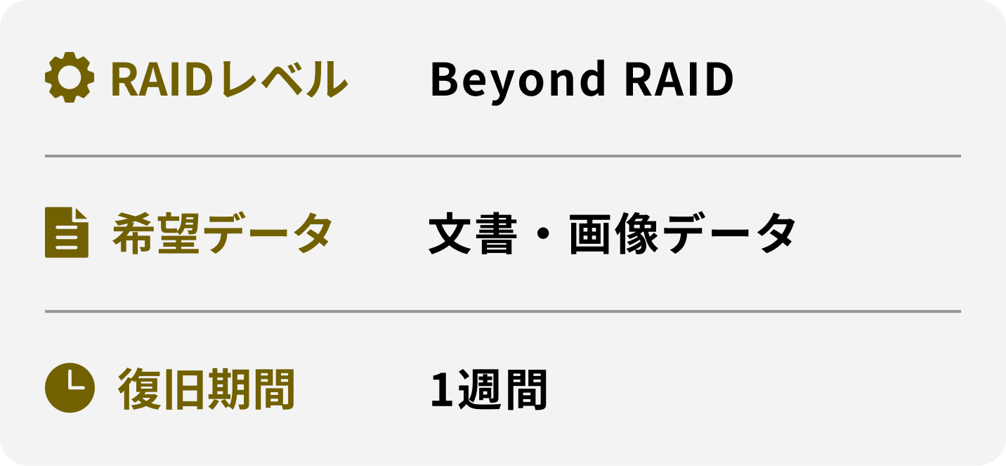 RAIDレベル 希望データ 復旧期間 Beyond RAID 文書・画像データ 1週間