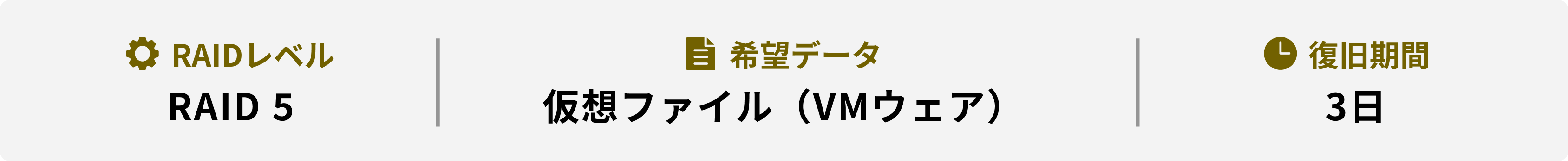 RAIDレベル 希望データ 復旧期間 RAID 5 仮想ファイル（VMウェア） 3日
