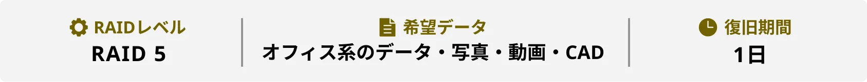 RAIDレベル RAID5 希望データ オフィス系のデータ・写真・動画・CAD 復旧期間 1日