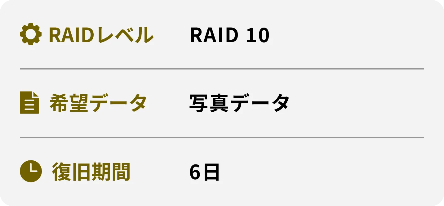 RAIDレベル RAID1 希望データ 写真データ 復旧期間 6日